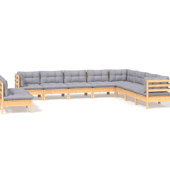 10-tlg. Garten-Lounge-Set mit Grauen Kissen Massivholz Kiefer