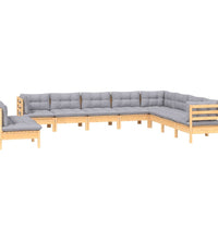10-tlg. Garten-Lounge-Set mit Grauen Kissen Massivholz Kiefer