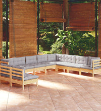 10-tlg. Garten-Lounge-Set mit Grauen Kissen Massivholz Kiefer