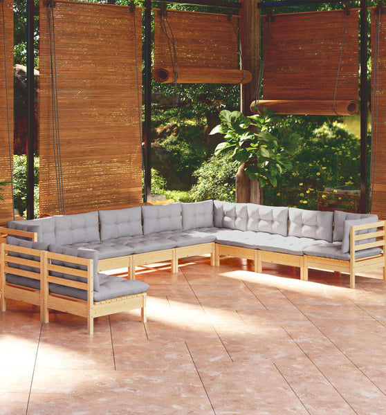 10-tlg. Garten-Lounge-Set mit Grauen Kissen Massivholz Kiefer