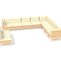 10-tlg. Garten-Lounge-Set mit Creme Kissen Massivholz Kiefer