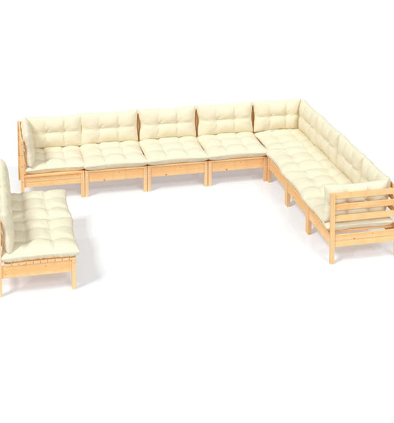 10-tlg. Garten-Lounge-Set mit Creme Kissen Massivholz Kiefer