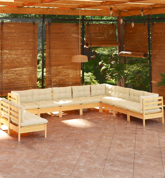 10-tlg. Garten-Lounge-Set mit Creme Kissen Massivholz Kiefer