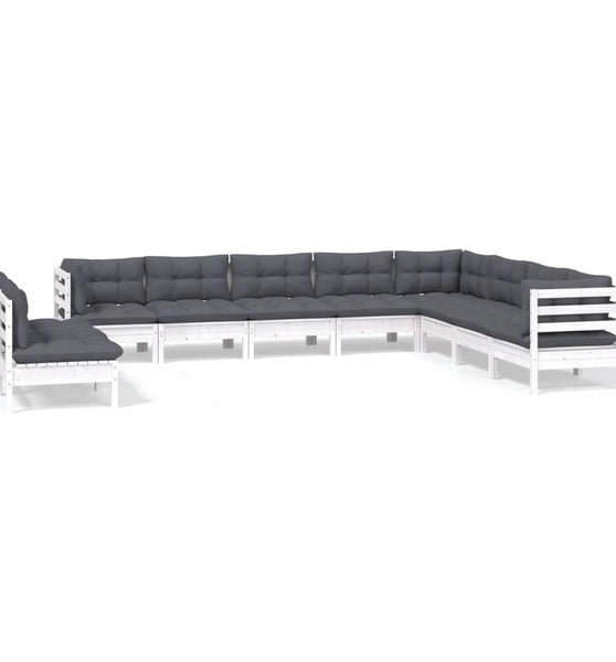 10-tlg. Garten-Lounge-Set mit Kissen Weiß Massivholz Kiefer