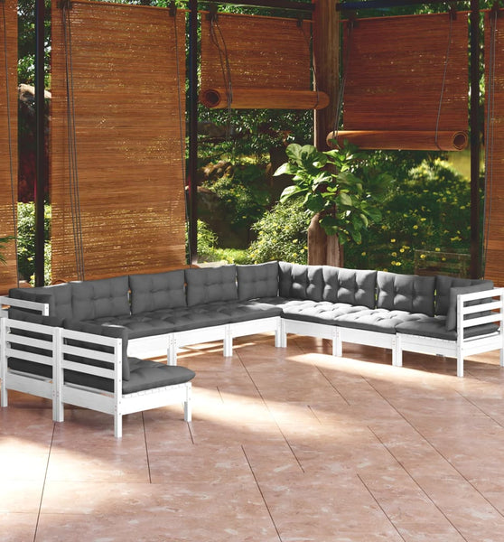 10-tlg. Garten-Lounge-Set mit Kissen Weiß Massivholz Kiefer
