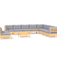 11-tlg. Garten-Lounge-Set mit Grauen Kissen Massivholz Kiefer