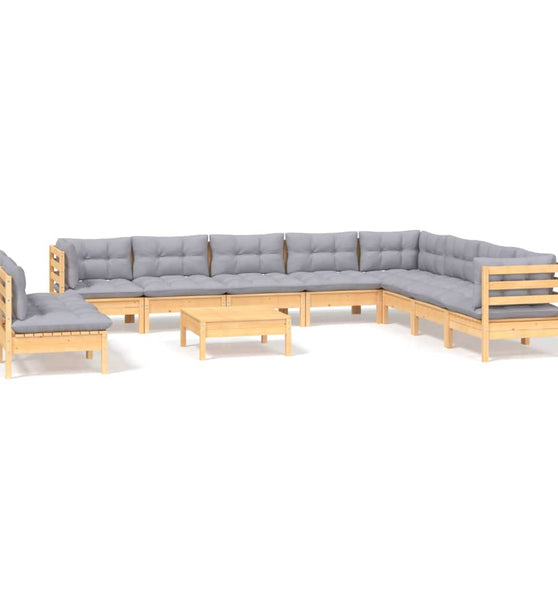 11-tlg. Garten-Lounge-Set mit Grauen Kissen Massivholz Kiefer