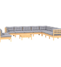 11-tlg. Garten-Lounge-Set mit Grauen Kissen Massivholz Kiefer