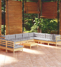 11-tlg. Garten-Lounge-Set mit Grauen Kissen Massivholz Kiefer
