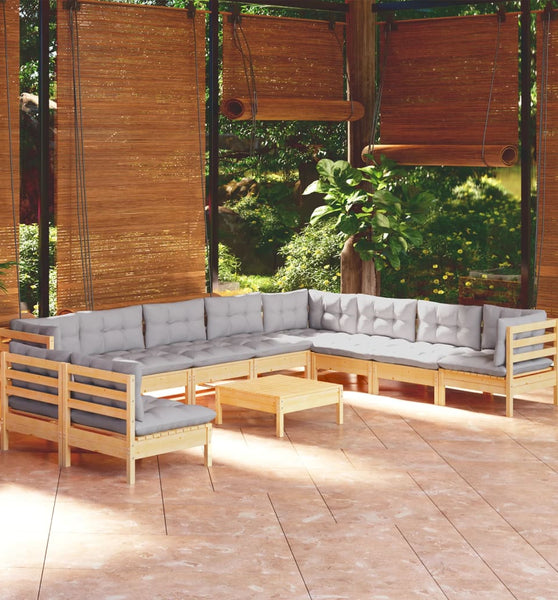 11-tlg. Garten-Lounge-Set mit Grauen Kissen Massivholz Kiefer