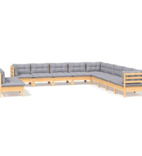 11-tlg. Garten-Lounge-Set mit Grauen Kissen Massivholz Kiefer