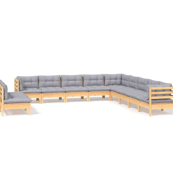 11-tlg. Garten-Lounge-Set mit Grauen Kissen Massivholz Kiefer