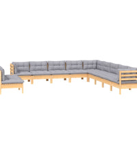 11-tlg. Garten-Lounge-Set mit Grauen Kissen Massivholz Kiefer