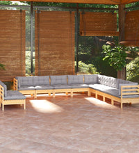 11-tlg. Garten-Lounge-Set mit Grauen Kissen Massivholz Kiefer