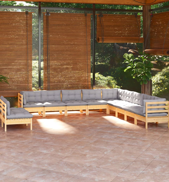 11-tlg. Garten-Lounge-Set mit Grauen Kissen Massivholz Kiefer