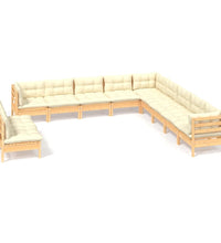 11-tlg. Garten-Lounge-Set mit Creme Kissen Massivholz Kiefer
