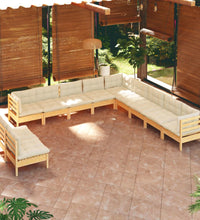 11-tlg. Garten-Lounge-Set mit Creme Kissen Massivholz Kiefer