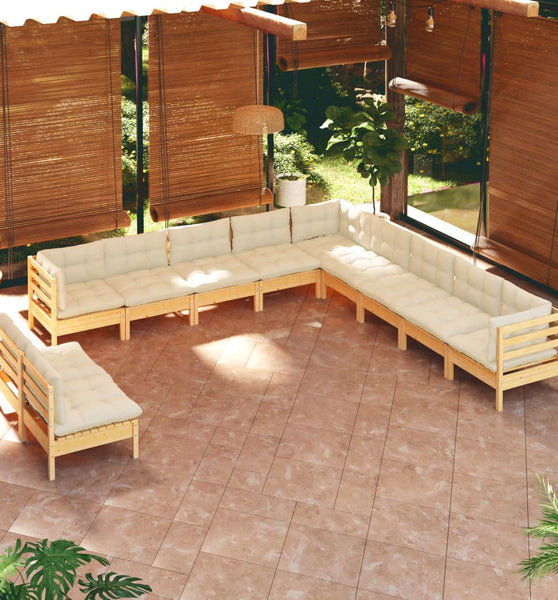 11-tlg. Garten-Lounge-Set mit Creme Kissen Massivholz Kiefer