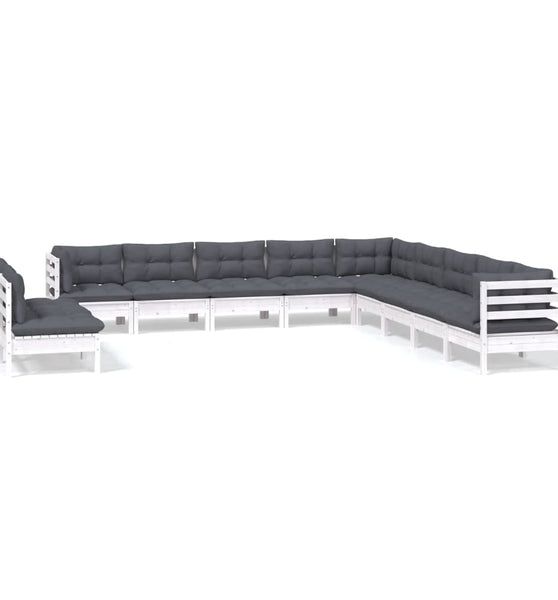 11-tlg. Garten-Lounge-Set mit Kissen Weiß Massivholz Kiefer