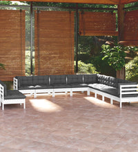 11-tlg. Garten-Lounge-Set mit Kissen Weiß Massivholz Kiefer