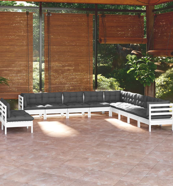 11-tlg. Garten-Lounge-Set mit Kissen Weiß Massivholz Kiefer