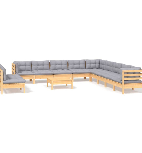 12-tlg. Garten-Lounge-Set mit Grauen Kissen Massivholz Kiefer
