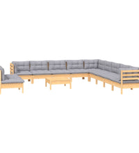 12-tlg. Garten-Lounge-Set mit Grauen Kissen Massivholz Kiefer