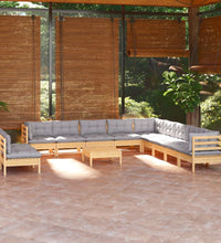 12-tlg. Garten-Lounge-Set mit Grauen Kissen Massivholz Kiefer