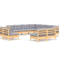 11-tlg. Garten-Lounge-Set mit Grauen Kissen Massivholz Kiefer