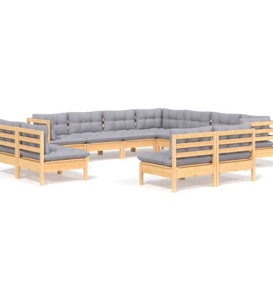 11-tlg. Garten-Lounge-Set mit Grauen Kissen Massivholz Kiefer