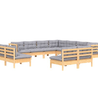 11-tlg. Garten-Lounge-Set mit Grauen Kissen Massivholz Kiefer