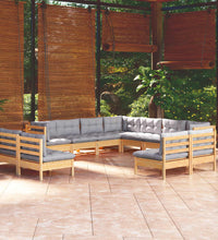 11-tlg. Garten-Lounge-Set mit Grauen Kissen Massivholz Kiefer