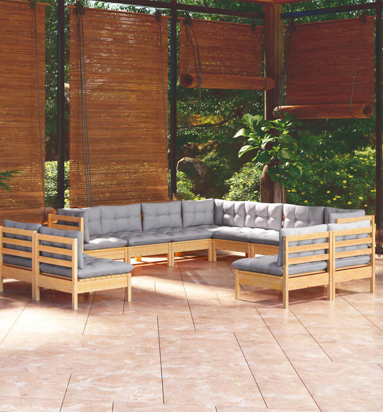 11-tlg. Garten-Lounge-Set mit Grauen Kissen Massivholz Kiefer