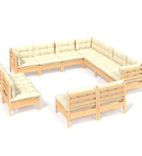 11-tlg. Garten-Lounge-Set mit Creme Kissen Massivholz Kiefer