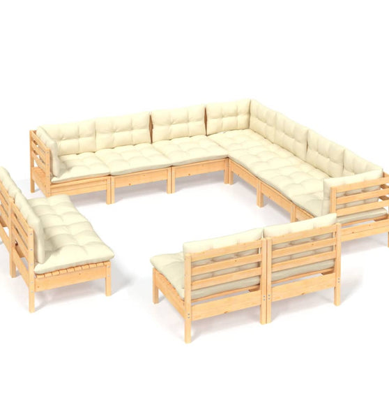 11-tlg. Garten-Lounge-Set mit Creme Kissen Massivholz Kiefer