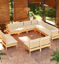 11-tlg. Garten-Lounge-Set mit Creme Kissen Massivholz Kiefer