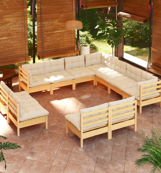 11-tlg. Garten-Lounge-Set mit Creme Kissen Massivholz Kiefer