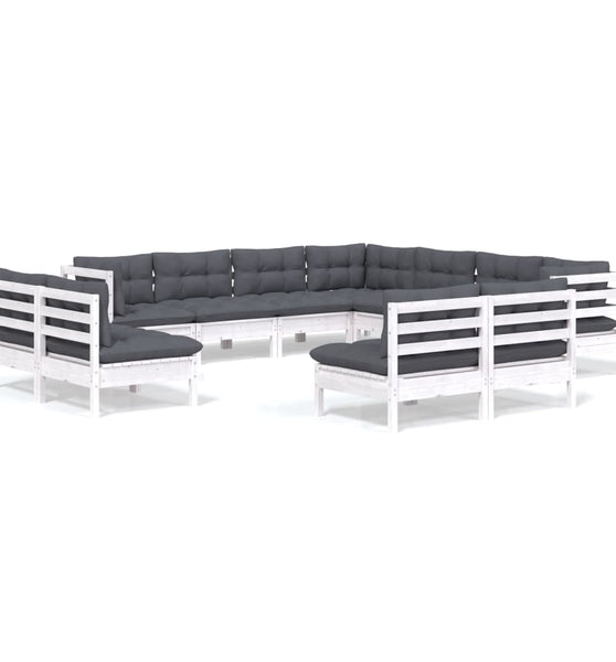 11-tlg. Garten-Lounge-Set mit Kissen Weiß Massivholz Kiefer