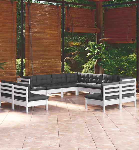 11-tlg. Garten-Lounge-Set mit Kissen Weiß Massivholz Kiefer
