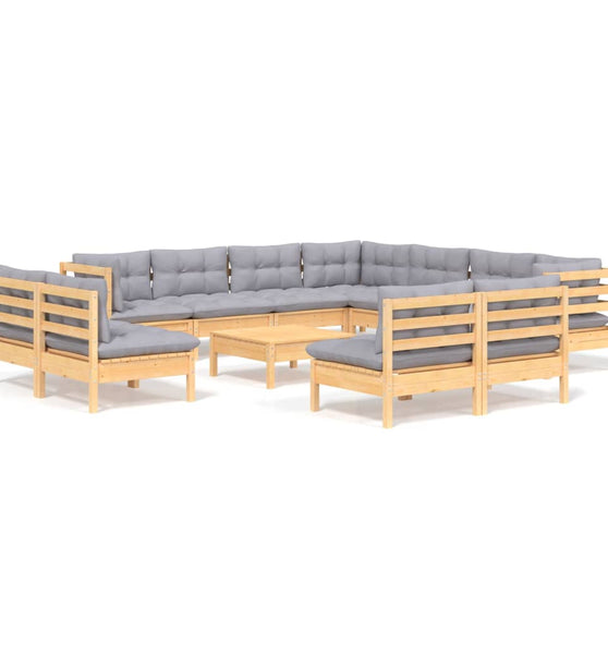 12-tlg. Garten-Lounge-Set mit Grauen Kissen Massivholz Kiefer