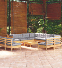 12-tlg. Garten-Lounge-Set mit Grauen Kissen Massivholz Kiefer
