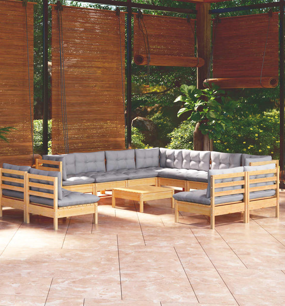 12-tlg. Garten-Lounge-Set mit Grauen Kissen Massivholz Kiefer