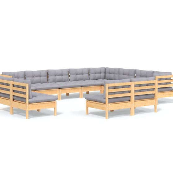 12-tlg. Garten-Lounge-Set mit Grauen Kissen Massivholz Kiefer