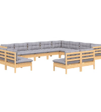 12-tlg. Garten-Lounge-Set mit Grauen Kissen Massivholz Kiefer