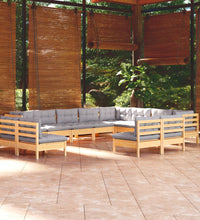 12-tlg. Garten-Lounge-Set mit Grauen Kissen Massivholz Kiefer