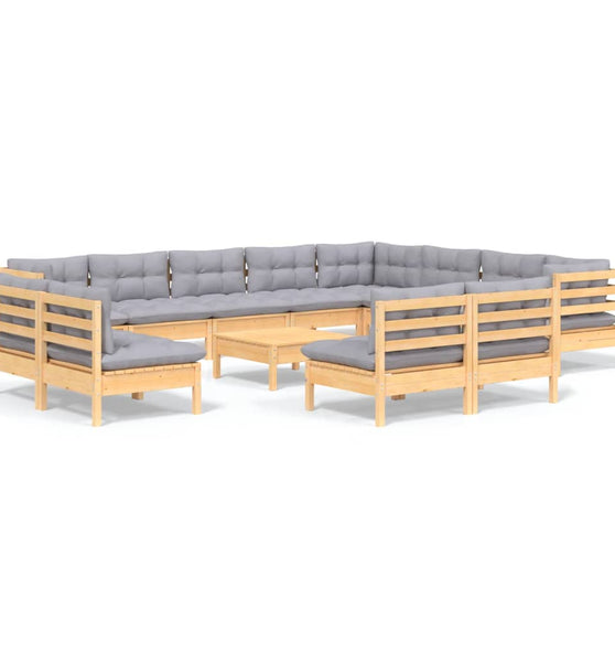 13-tlg. Garten-Lounge-Set mit Grauen Kissen Massivholz Kiefer