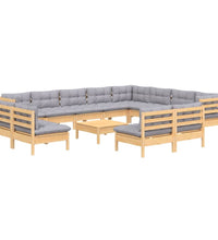 13-tlg. Garten-Lounge-Set mit Grauen Kissen Massivholz Kiefer