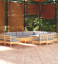 13-tlg. Garten-Lounge-Set mit Grauen Kissen Massivholz Kiefer