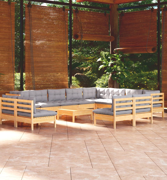 13-tlg. Garten-Lounge-Set mit Grauen Kissen Massivholz Kiefer