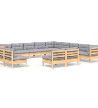 13-tlg. Garten-Lounge-Set mit Grauen Kissen Massivholz Kiefer